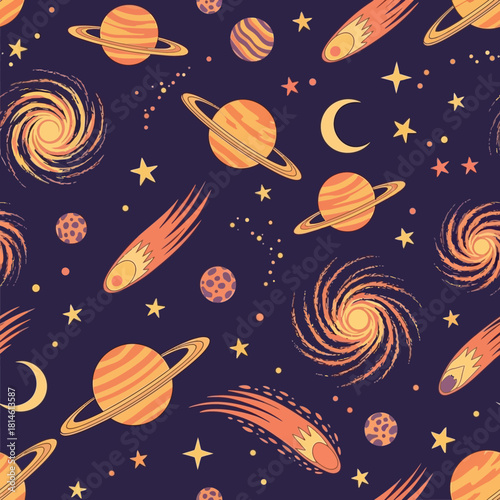 Stunning cosmic pattern featuring planets, stars, comets, and galaxies for vibrant textile design