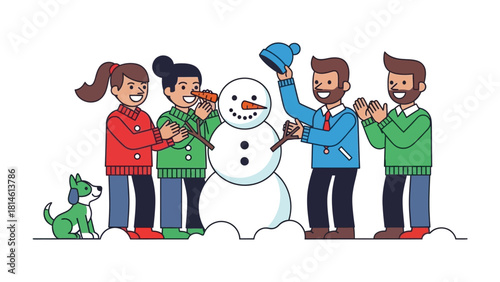 Snowman Building: Illustrative Scene of a Family's Winter Fun creating snowman. capture the essence of a winter wonderland. 