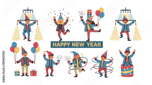 New Year's Celebration: A whimsical illustration capturing the festive spirit, featuring joyful figures celebrating with balloons, gifts, and streamers under the glow of celebratory lights.