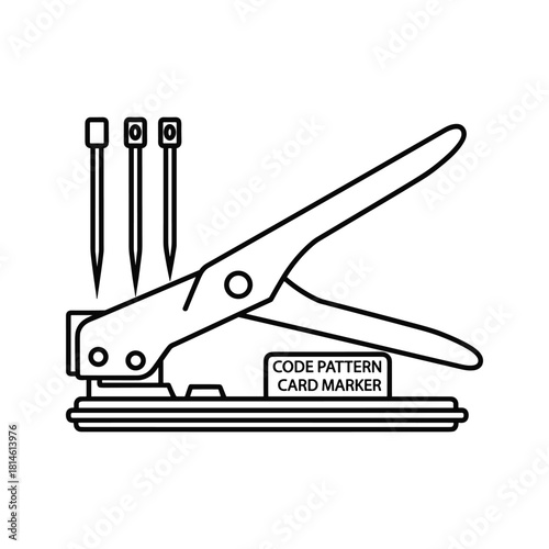 Line art illustration of a cable tie installation tool used for punching holes and securing zip ties, isolated on