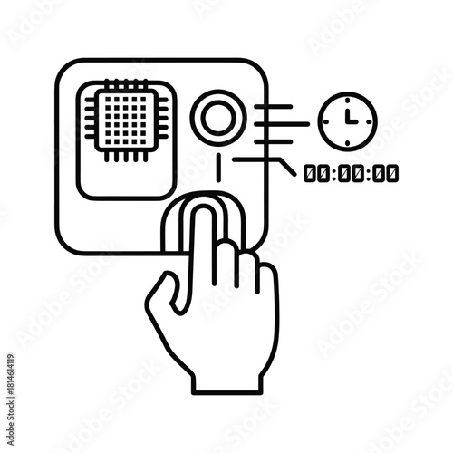 Line icon illustrating fingerprint time clock system for employee attendance tracking and security access isolated on