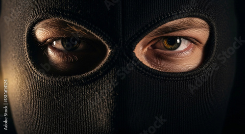 Close-up of a masked thief's eyes. The individual has light skin and is wearing a black ski mask. The focus is on the intense gaze, suggesting stealth and intent.