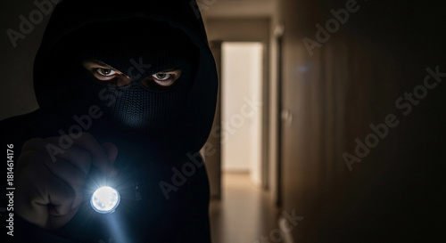 A masked thief in a dark hallway holds a flashlight. The figure wears a black hoodie and a mask, emphasizing a sense of stealth and danger.