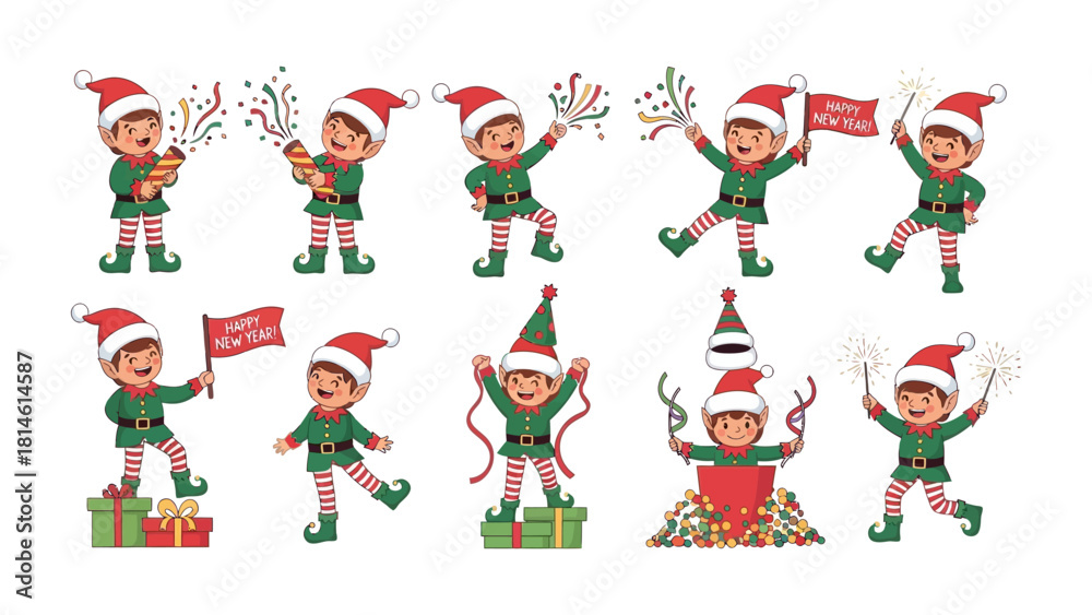 Fototapeta premium Christmas Elf Festive: A collection of delightful elf characters, exuding holiday cheer, each adorned in a festive green and red ensemble, celebrating Christmas and New Year.