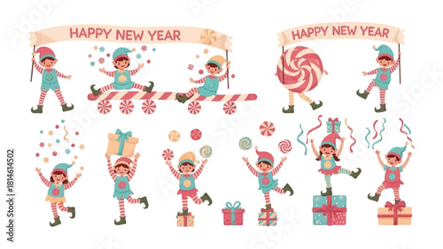 Festive Elves: A whimsical illustration of cheerful elves celebrating the New Year. They are surrounded by festive decorations and gifts. The overall atmosphere is lighthearted and joyful.