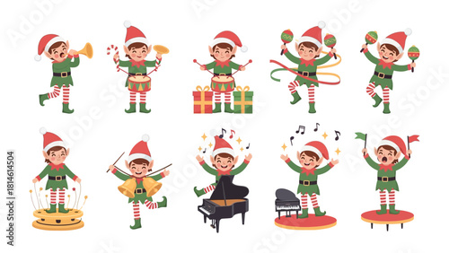 Musical Elves: A vibrant display of festive elves in a musical ensemble, each playing a different instrument with joyful energy, creating a symphony of holiday cheer.
