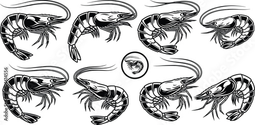 Shrimp icons silhouette, seafood illustration, black symbols, marine animal, crustacean design, culinary art, aquatic life, vector style, gourmet element