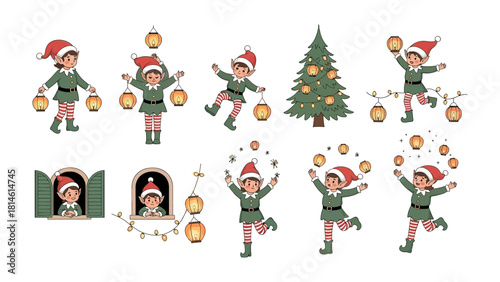 Holiday Elf Delights: Festive illustrations of joyful elves, bedecked in holiday attire, bring merriment to the scene, as they engage in playful activities with lantern and illuminated ornament