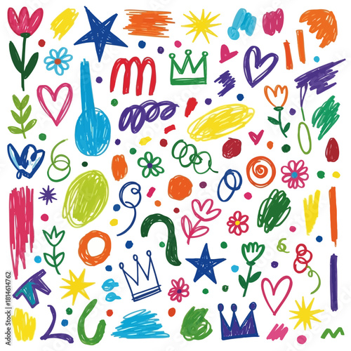 Vibrant hand drawn doodle elements evoke playful creativity for kids designs and whimsical backgrounds