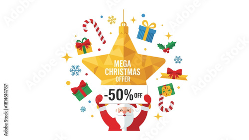 Christmas Mega Offer: Festive image, Santa Claus displays a sign that offers Christmas sales