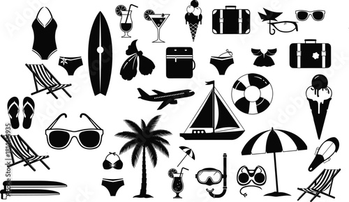 Summer vacation icons, beach elements, tropical travel, swimwear, surfboard, suitcase, palm tree, ice cream, snorkeling gear, sun hat, cocktail glass