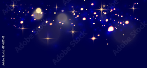 Magical blue background with glowing bokeh lights and sparkling stars.
