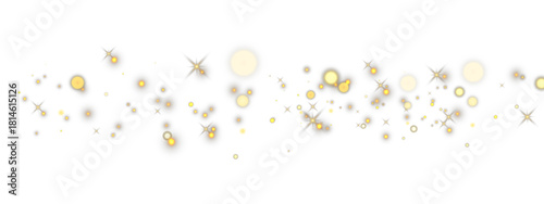 Golden glowing bokeh particles and sparkling stars on white background.
