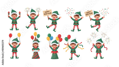 Festive Elf Collection: A vibrant assortment of charming elves, each radiating holiday cheer through whimsical gestures and festive props.