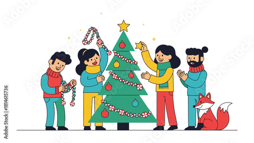 Festive Decoration: A group of diverse individuals come together to decorate the christmas tree with ornaments, the scene radiates warmth, unity and anticipation.