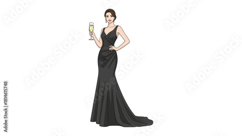 Glamourous Celebration: A chic figure stands elegantly, in a sophisticated gown, raising a champagne flute in a moment of celebration. a glimpse into a world of elegance, refined taste.