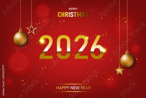 Christmas holiday greeting card with golden ornaments on red background with bokeh