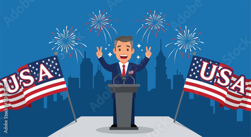 Cartoon man giving a speech with American flags and fireworks in the background.