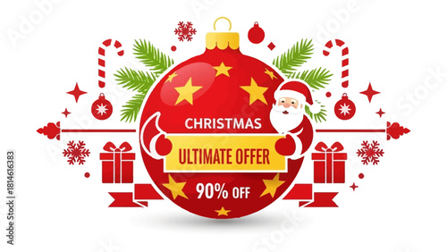 Festive Christmas Offer: A vibrant holiday promotion featuring a jolly Santa Claus, a cheerful red ornament, and enticing elements for Christmas sales.