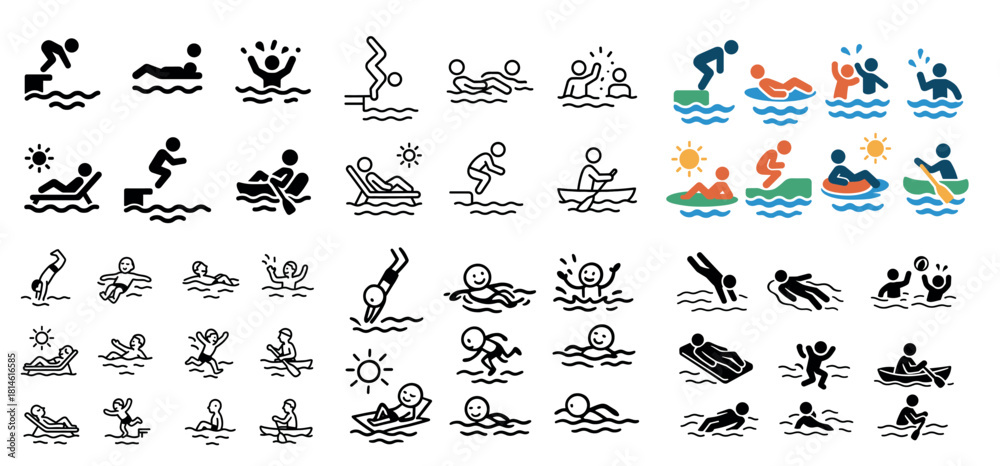 Fototapeta premium Various swimming icons in outline and color styles