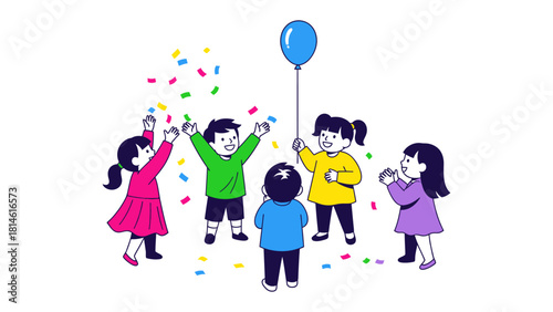 Joyful Celebration with Balloon: A group of children celebrate a joyous occasion, with confetti raining down and a bright blue balloon floating above them, creating a scene of pure.