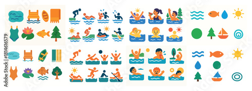 Colorful swimming icons and summer activities