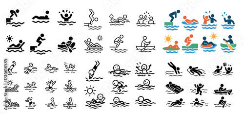 Various swimming icons in outline and color styles