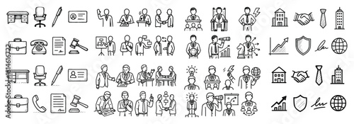 Business icons set with office and people illustrations