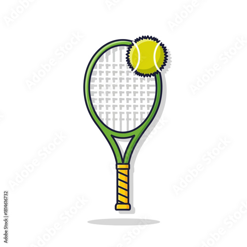 Cartoon Tennis Racket with Fuzzy Yellow-Green Ball, Green Frame, and Striped Handle.