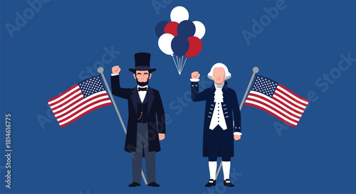 Abraham Lincoln and George Washington stand with American flags and balloons, celebrating with raised fists.
