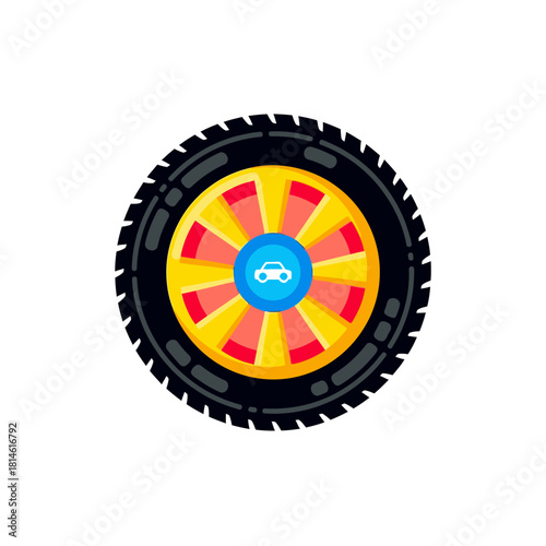 Cartoon Tire with Yellow Spokes and Blue Center, Black Tread, Circular Design.
