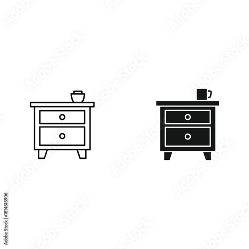 Two simple line art and silhouette icons of a nightstand with a cup