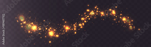 Golden luxurious glowing spark trails with rich sparkling particles, glam luminous bursts and warm radiant shimmer flowing across dark transparent background.

