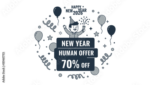 New Year Offer: A festive promotion design for new year human offer with 70% off includes boy, balloon, and celebration symbol for shopping. 