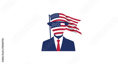 Silhouette of a man in a suit with an American flag pattern covering his face and hat.