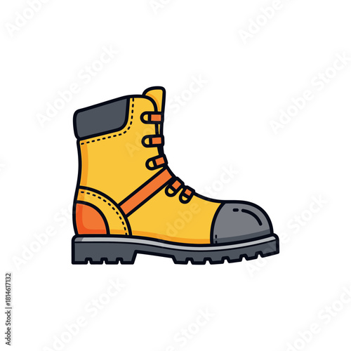 Cartoon-style yellow work boot with gray toe cap and orange laces, isolated.