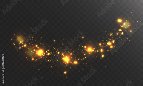Golden luxurious glowing spark trails with rich sparkling particles, glam luminous bursts and warm radiant shimmer flowing across dark transparent background.
