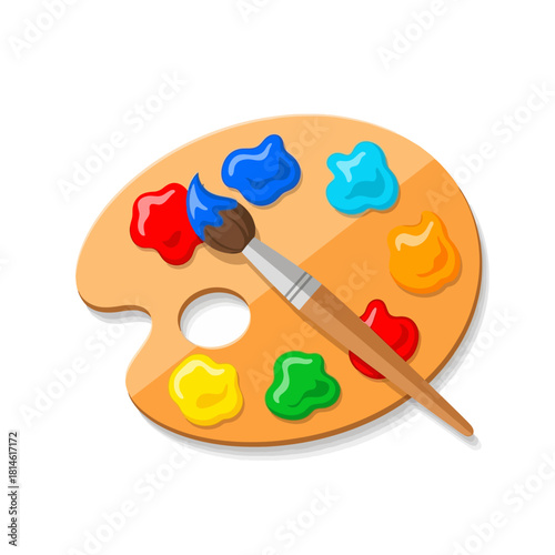 Classic wooden artists palette with vibrant, glossy paint dabs and a brush mixing colors.