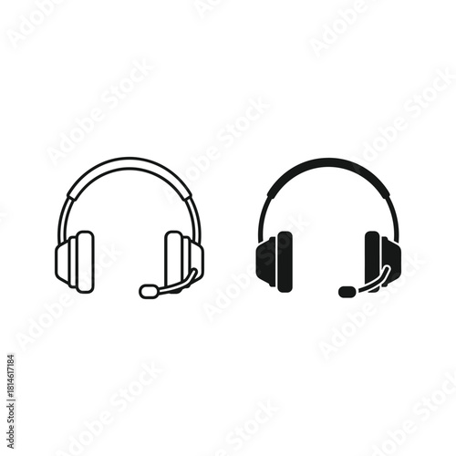Two simple line art and solid silhouette icons of headphones with microphones