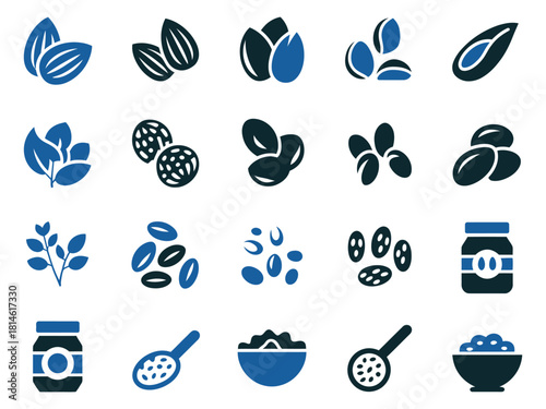 An assortment of seeds, nuts, and botanical elements in various shades of blue, showcasing nature's bounty.