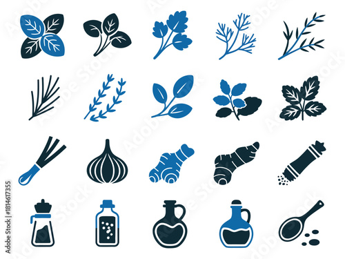 Variety of herbs and spices illustrated in blue tones, showcasing nature's flavors.