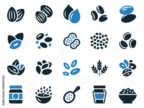 Various seeds and nuts icons, featuring almonds, peanuts, and sesame in a minimalistic design.