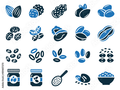 A collection of illustrated nuts and seeds in various shapes and sizes against a white background.