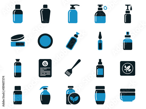 Collection of various grooming and skincare products in blue and black colors.