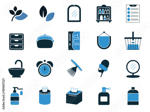 A collection of healthcare and personal care icons in blue and white tones, showcasing various items.