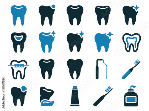Collection of dental icons featuring teeth, toothbrushes, and dental tools in blue hues.