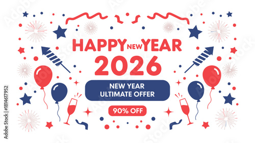 New Year Offer 2026: A festive graphic design celebrating the upcoming New Year with dynamic shapes and enticing promotion.