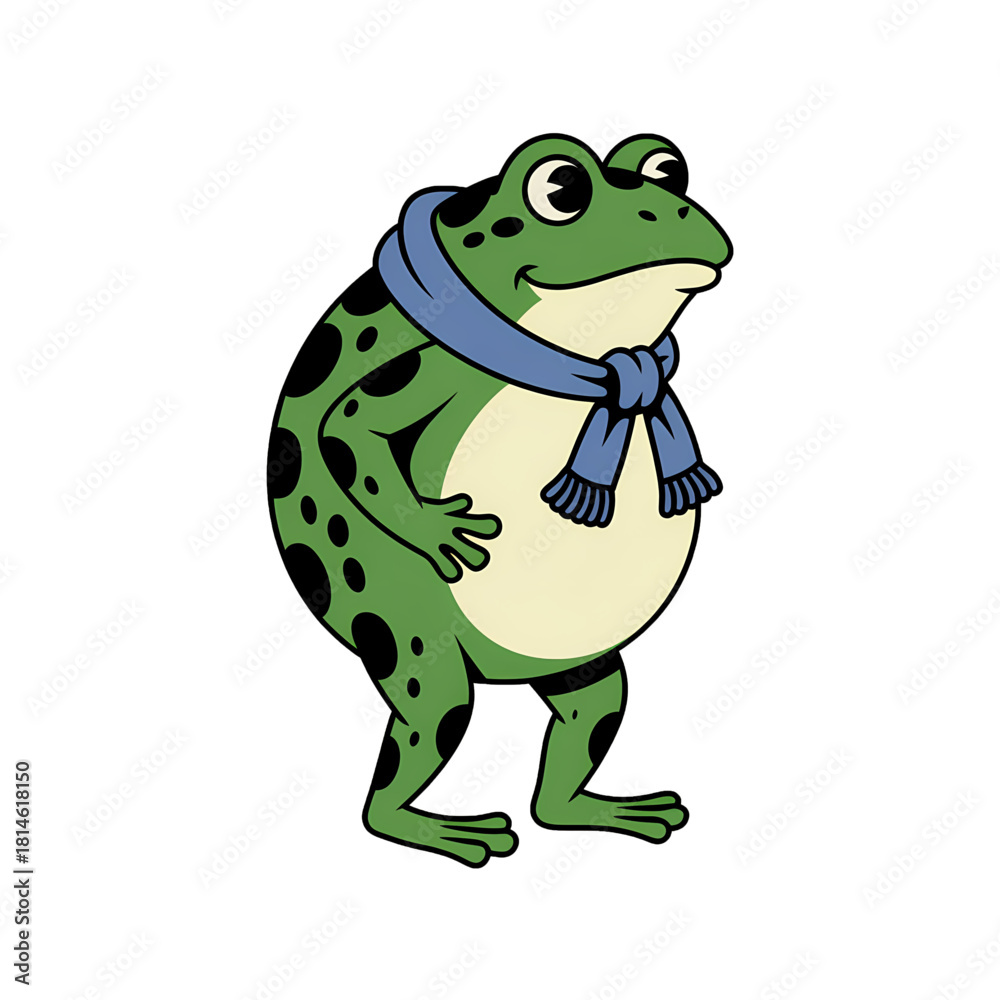 Fototapeta premium Frog dressed in a blue scarf standing upright with a friendly expression on a plain background