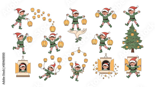 Holiday Elves Collection: A delightful compilation of cheerful elves, each embracing the festive spirit with enchanting lanterns, alongside an adorned Christmas tree and joyful elements.
