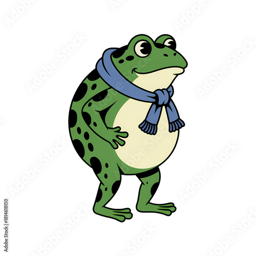 Frog dressed in a blue scarf standing upright with a friendly expression on a plain background